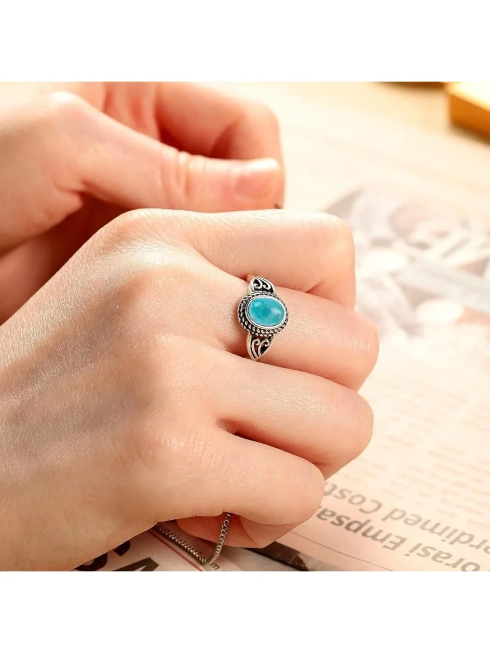 Women's Turquoise 925 Sterling Silver Oval Adjustable Natural Stone Ring